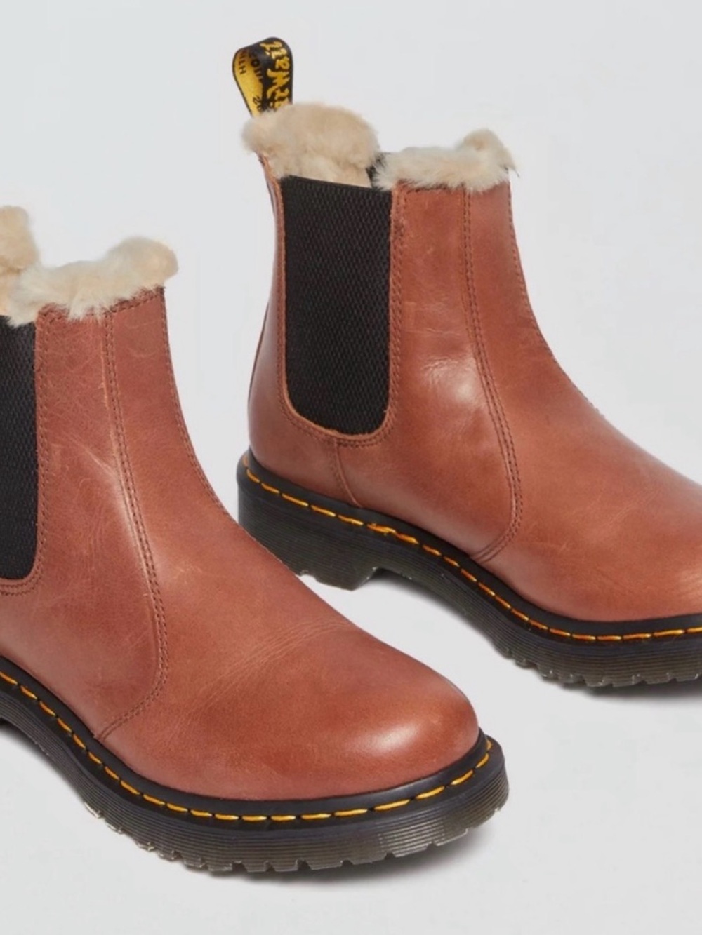 Dr. Marten Women's 2976 Leonore Fur Lined Boot Sherpa Cognac Brown Chelsea Doc
